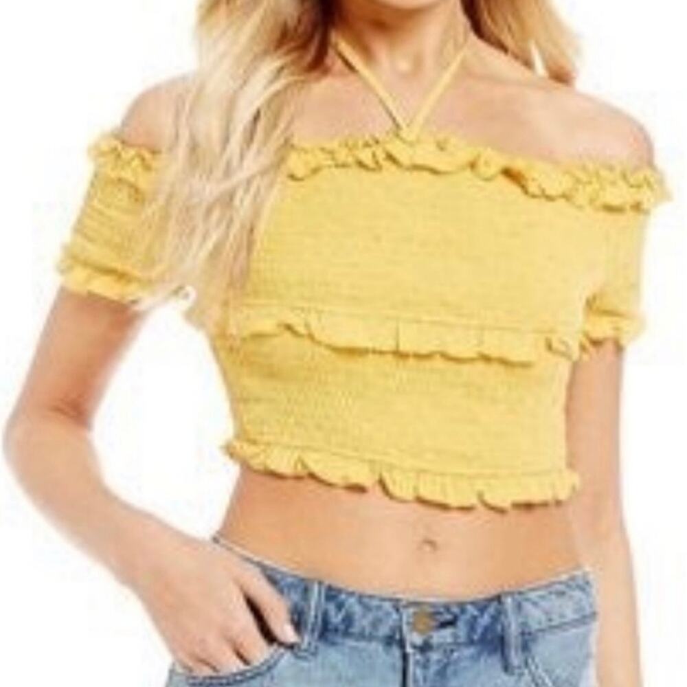 Chelsea & Violet Smocked Ruffle Yellow Off the Shoulder Crop Top Size Small